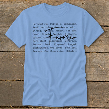 Blue t-shirt with black text listing farmer qualities, with "Farmer" crossed out and written above.