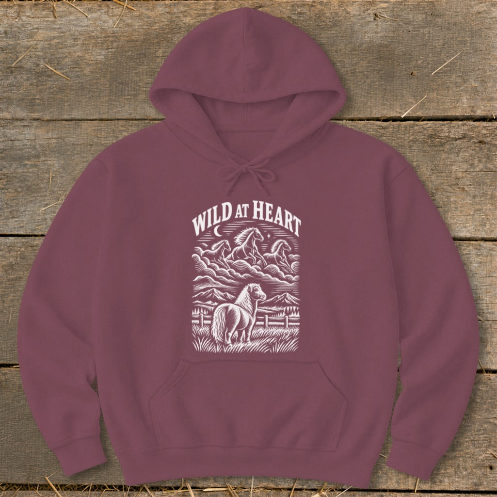 Maroon hoodie with "Wild at Heart" text and horse graphic.