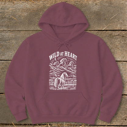 Maroon hoodie with "Wild at Heart" text and horse graphic.