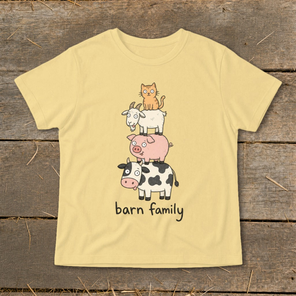 Yellow t-shirt with stacked farm animals and text "barn family".
