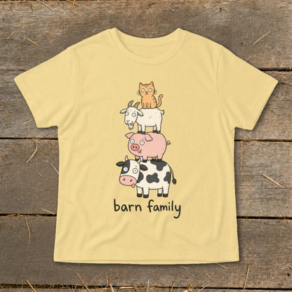 Yellow t-shirt with stacked farm animals and text "barn family".