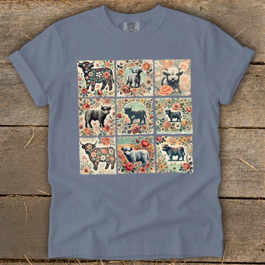 T-shirt with nine floral squares featuring various cows and bulls.