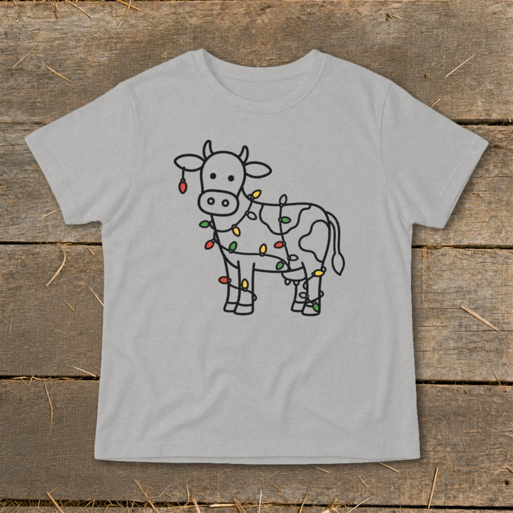 Gray t-shirt with a black outline drawing of a cow adorned with colorful Christmas lights.