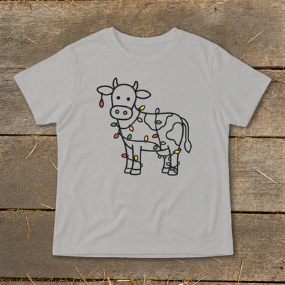 Gray t-shirt with a black outline drawing of a cow adorned with colorful Christmas lights.