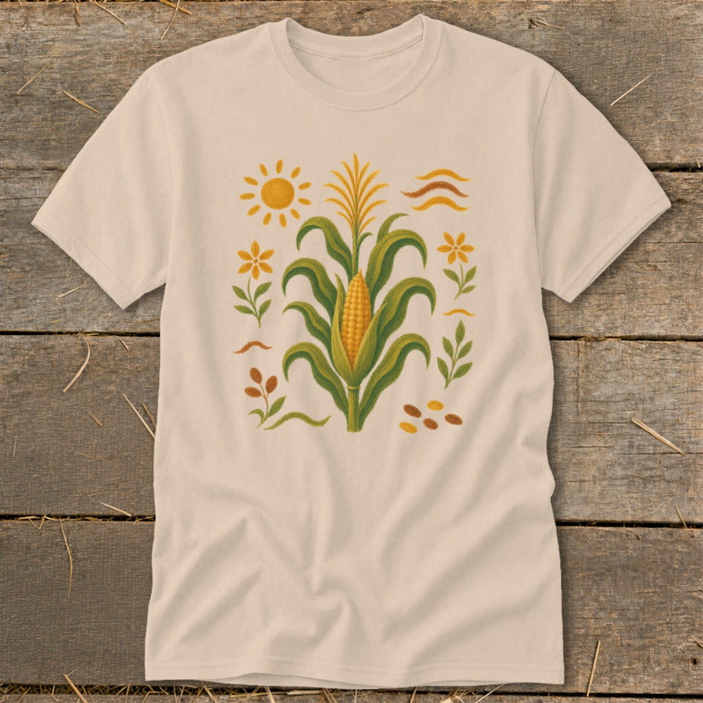 T-shirt with corn stalk, sun, flowers, and seeds design.