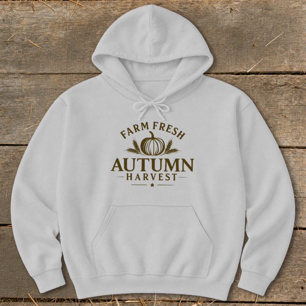 White hoodie with "Farm Fresh Autumn Harvest" text and pumpkin graphic.