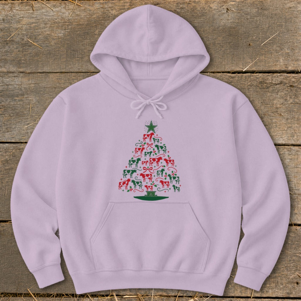 Light purple hoodie with a Christmas tree made of red and green cows.