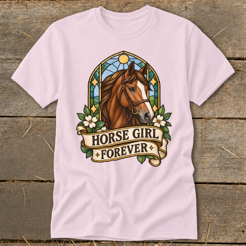 Horse head with stained glass detail and banner reading "Horse Girl Forever".
