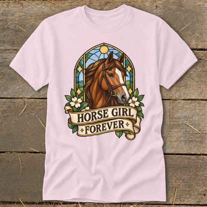 Horse head with stained glass detail and banner reading "Horse Girl Forever".