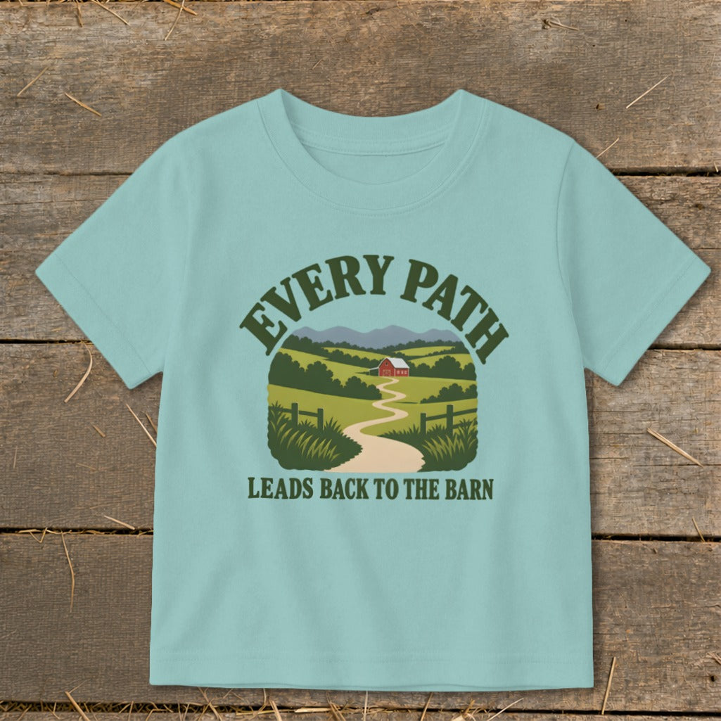 Light blue t-shirt with text and a farm landscape graphic.