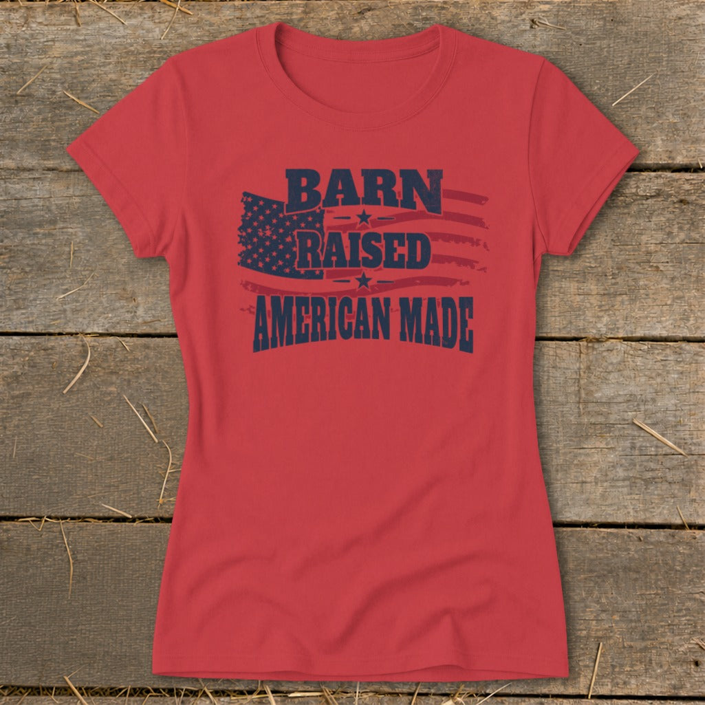 Red t-shirt with "BARN RAISED AMERICAN MADE" text and American flag graphic.