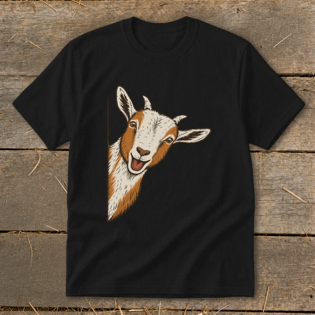 Black t-shirt with a peeking goat graphic.