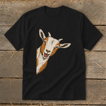 Black t-shirt with a peeking goat graphic.