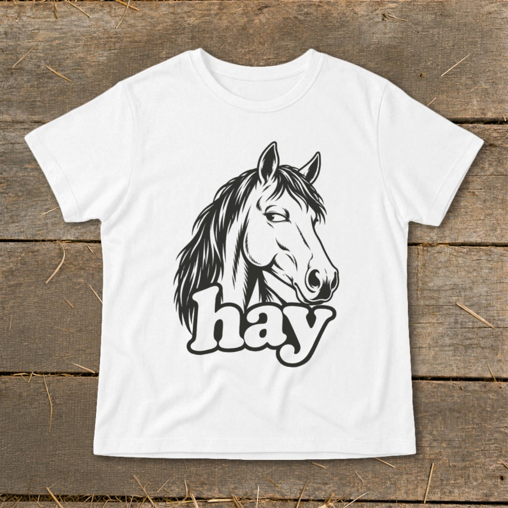 White t-shirt with black horse head graphic and "hay" text below.