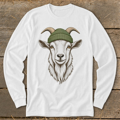 White long-sleeved shirt with a detailed drawing of a goat wearing a green beanie.