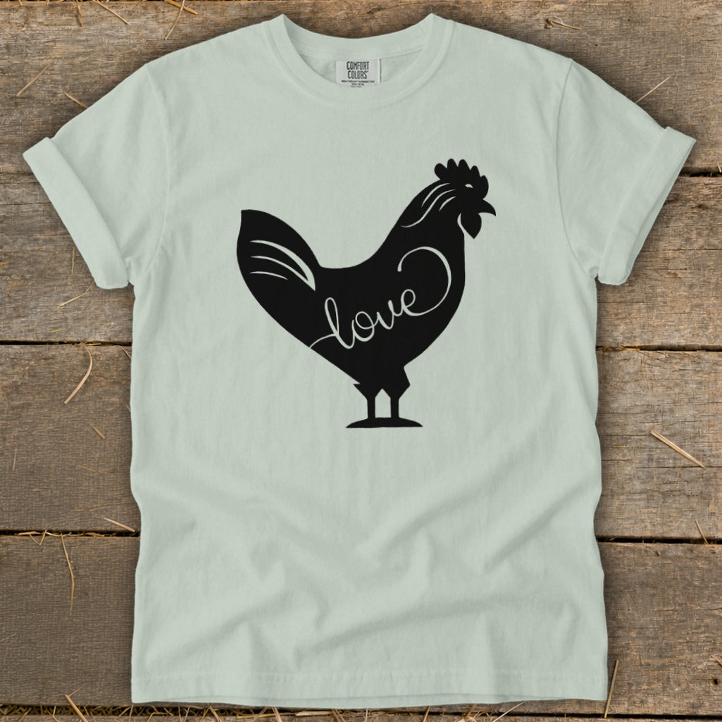 Light green t-shirt with black chicken silhouette and "love" text.