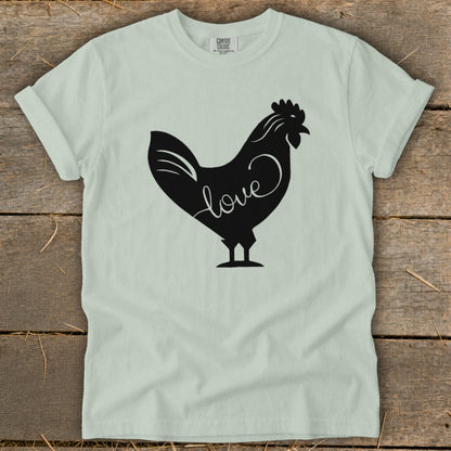Light green t-shirt with black chicken silhouette and "love" text.