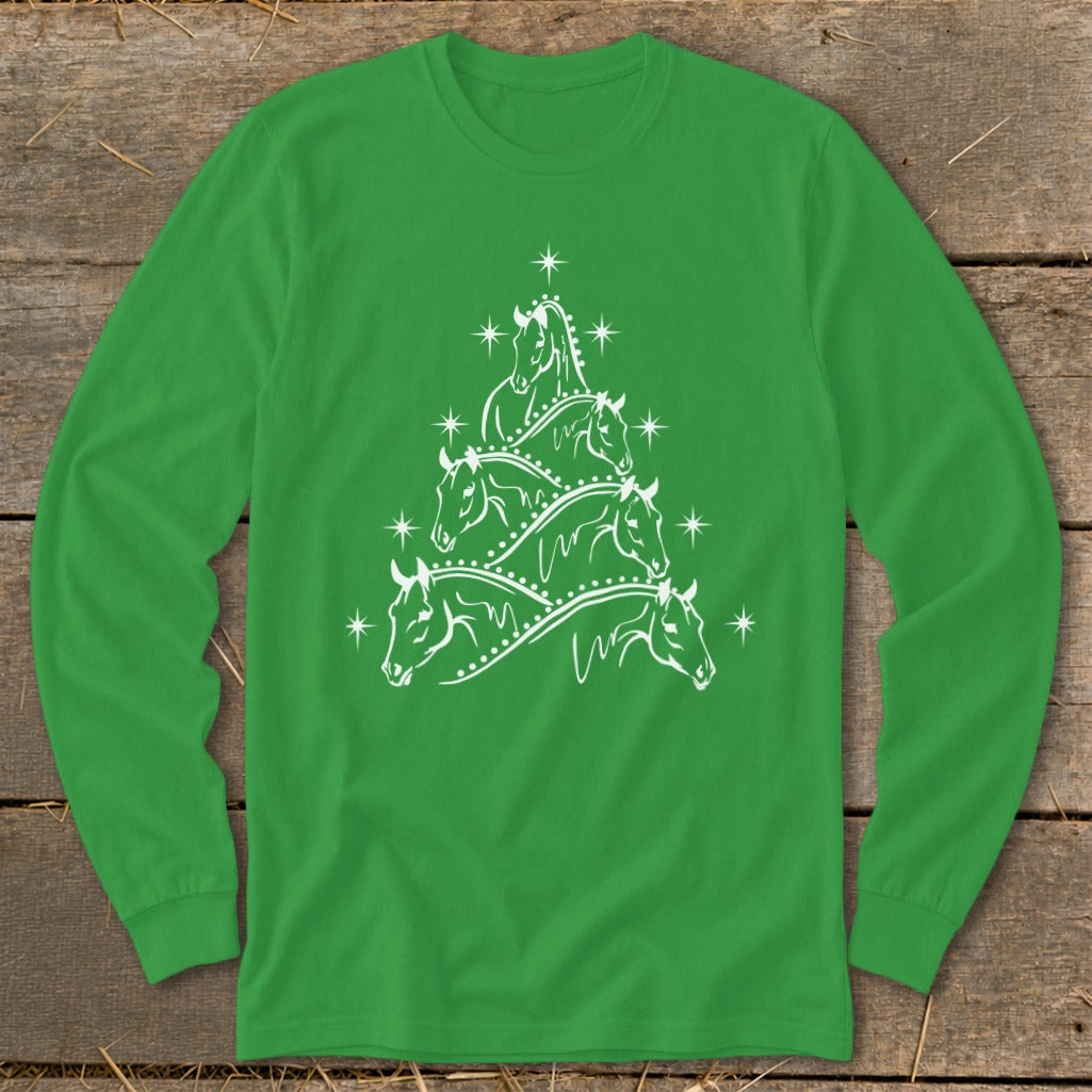Green long-sleeve shirt with white horse Christmas tree graphic.