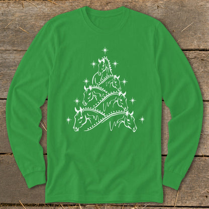 Green long-sleeve shirt with white horse Christmas tree graphic.