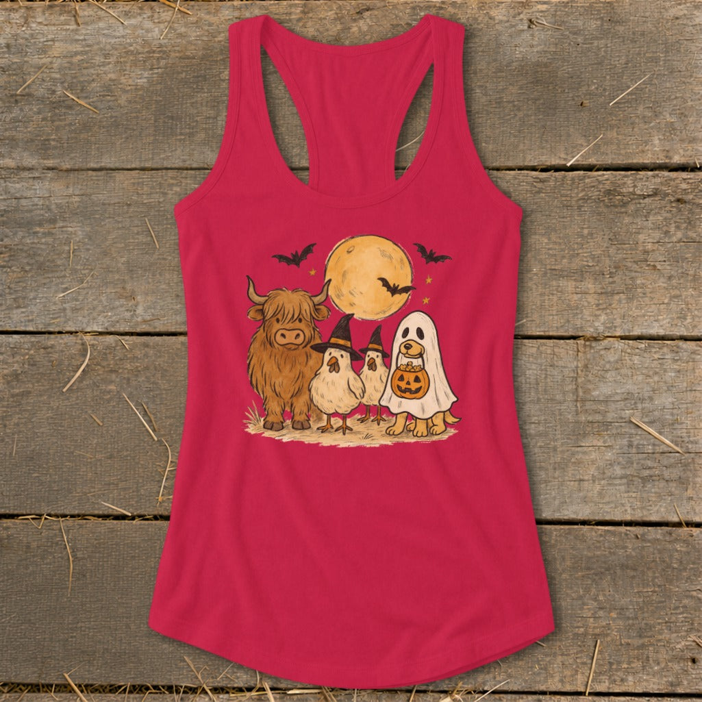 Halloween graphic of a Highland cow, chickens, and dog with pumpkin under a full moon.