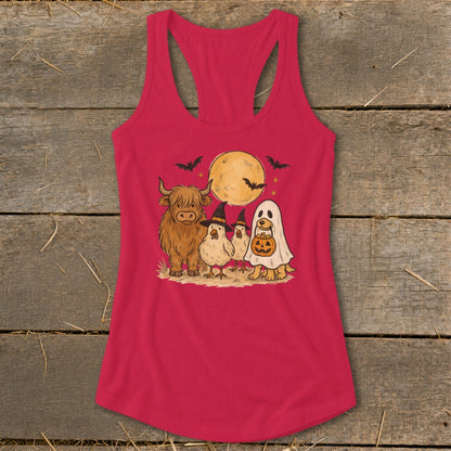 Halloween graphic of a Highland cow, chickens, and dog with pumpkin under a full moon.