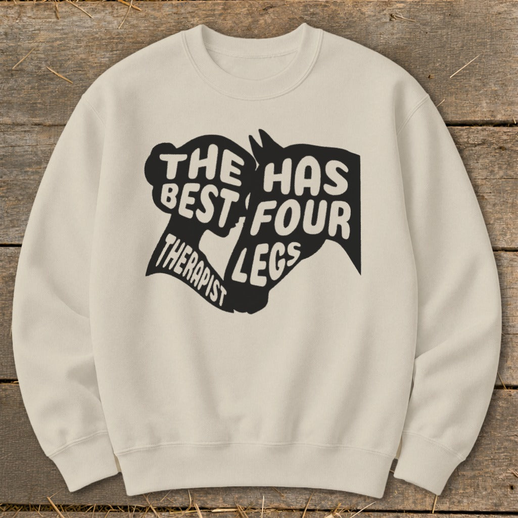 Cream sweatshirt with black graphic of horse head and text, "The best therapist has four legs."