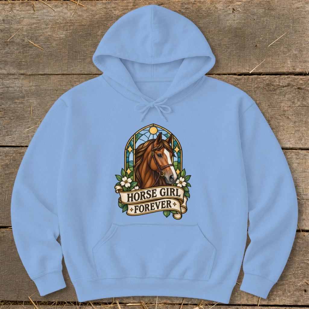Light blue hoodie with "Horse Girl Forever" graphic and a horse head in a stained-glass design.