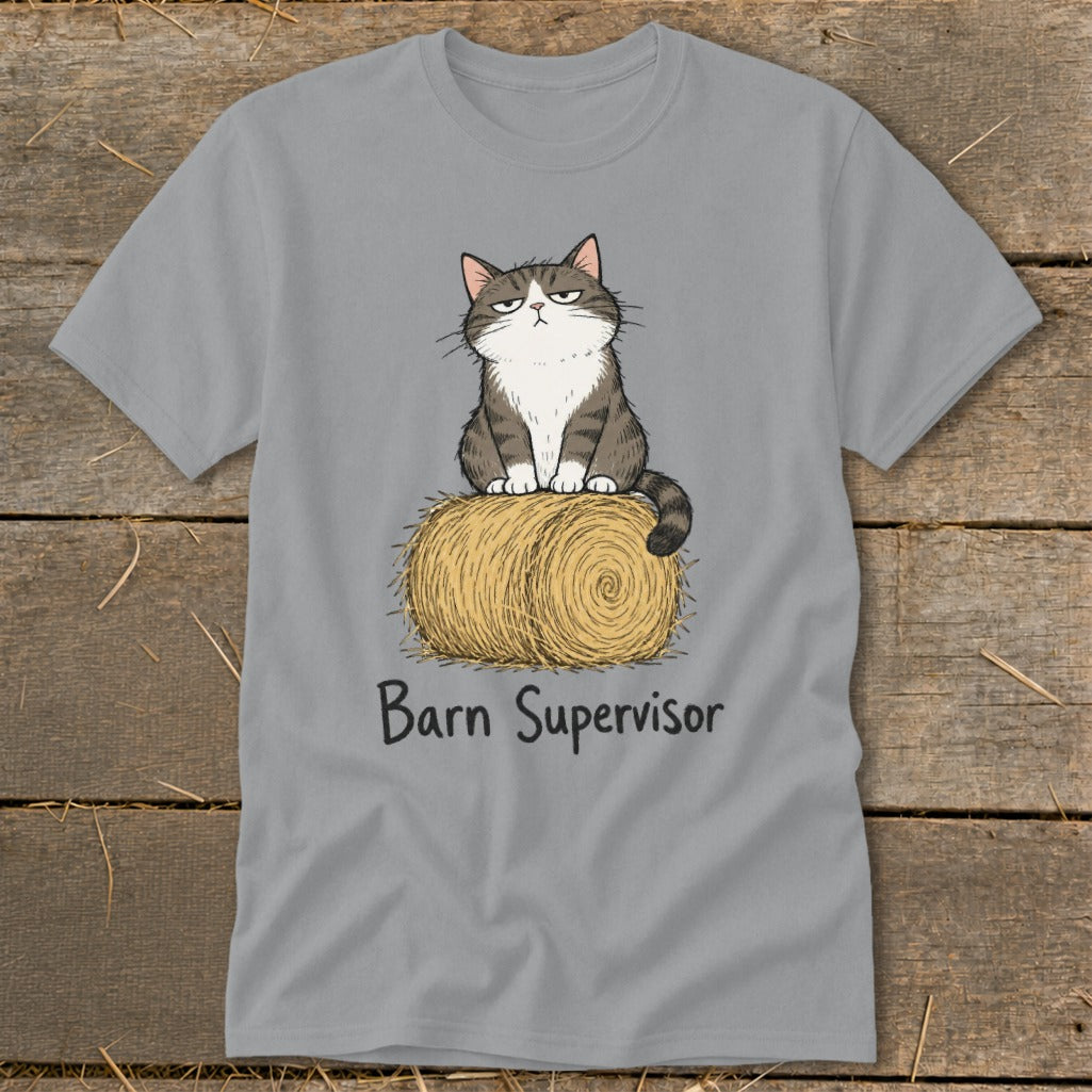 Grumpy cat sitting on a hay bale with text "Barn Supervisor".