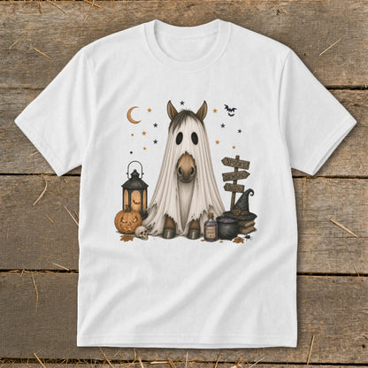 Horse in ghost costume with Halloween decorations and "Spooky Beware Boo!" signs.