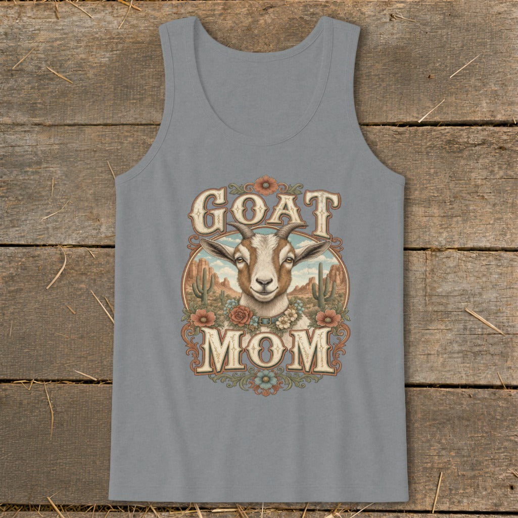Gray tank top with "GOAT MOM" text and a goat illustration.