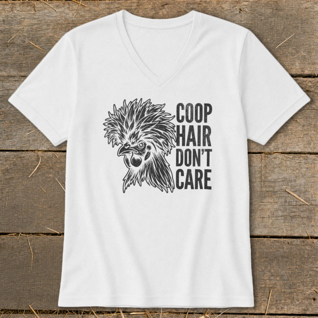 White t-shirt with black graphic of a fluffy chicken and text "Coop Hair Don't Care".