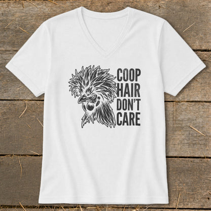 White t-shirt with black graphic of a fluffy chicken and text "Coop Hair Don't Care".