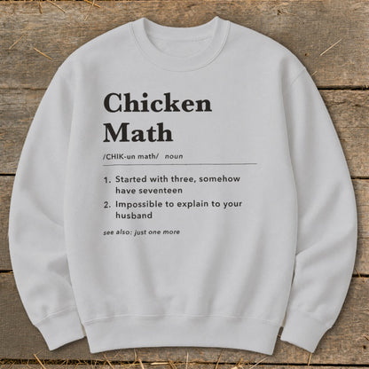White sweatshirt with black text defining "Chicken Math" and its humorous interpretations.