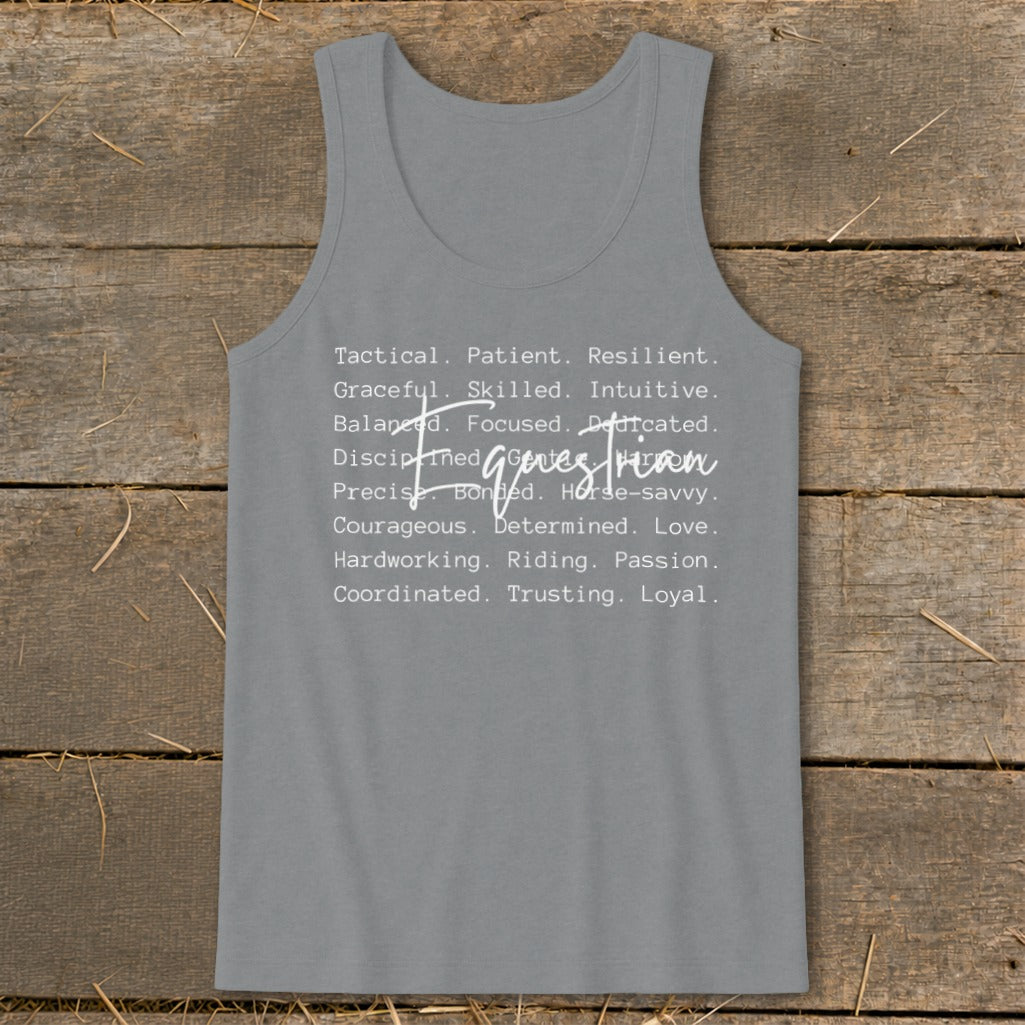 Gray tank top with white text listing equestrian traits like "Tactical. Patient. Resilient."