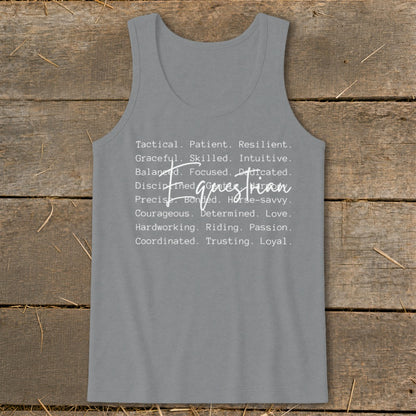 Gray tank top with white text listing equestrian traits like "Tactical. Patient. Resilient."