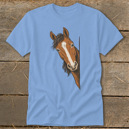 Light blue t-shirt with a brown horse head illustration peeking from the side.