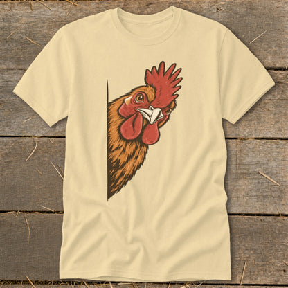 Illustration of a curious rooster peeking from behind a cream-colored t-shirt.