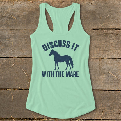 Mint green tank top with navy horse graphic and text "Discuss it with the Mare".