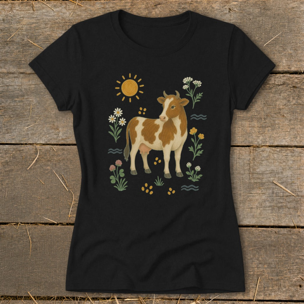Black t-shirt with brown and white cow illustration surrounded by sun and flowers.