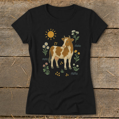 Black t-shirt with brown and white cow illustration surrounded by sun and flowers.