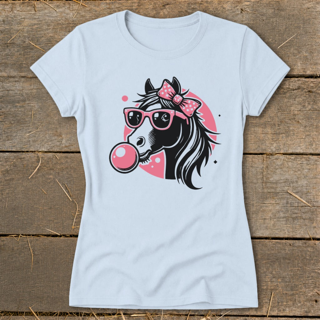 T-shirt with graphic of a horse wearing pink sunglasses and a bow, blowing bubblegum.