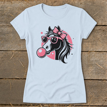 T-shirt with graphic of a horse wearing pink sunglasses and a bow, blowing bubblegum.