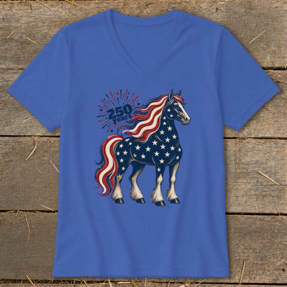 Blue v-neck shirt with a horse graphic featuring American flag colors and "250 years".