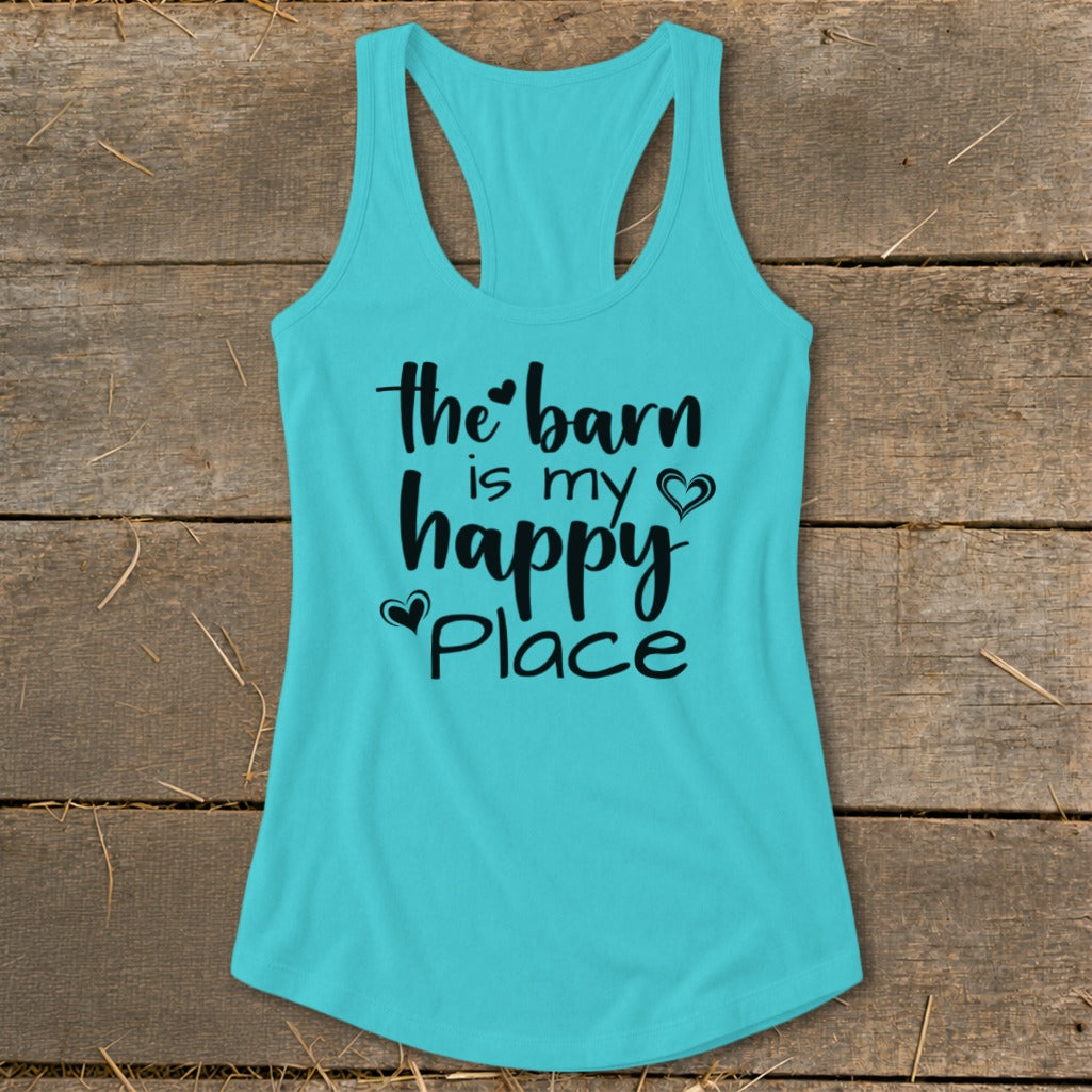 Turquoise tank top with black text "the barn is my happy place."