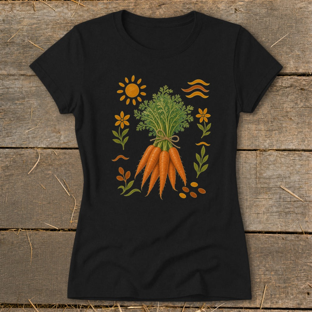 Black t-shirt with illustration of a bunch of carrots surrounded by sun and floral designs.