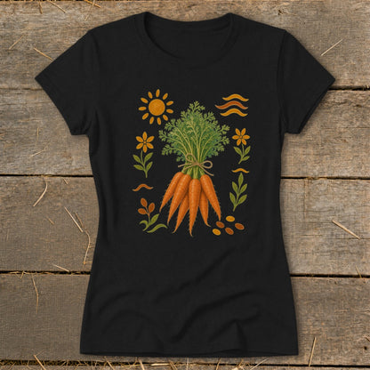 Black t-shirt with illustration of a bunch of carrots surrounded by sun and floral designs.