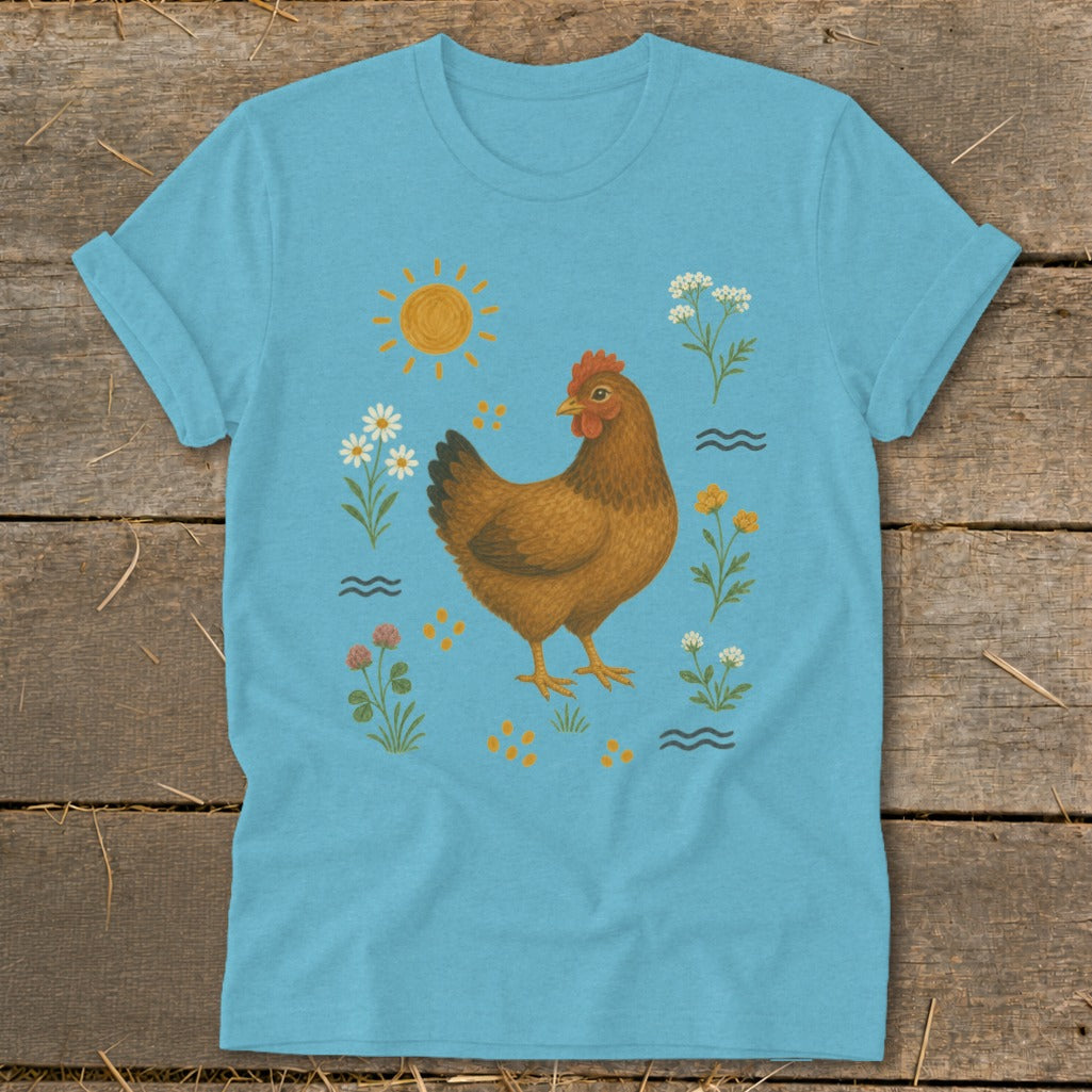 Light blue t-shirt with a brown hen, sun, and floral illustration.