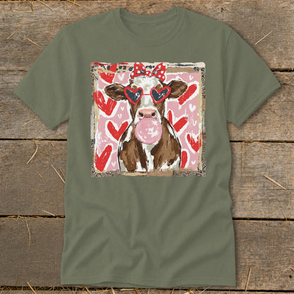 Cow with heart sunglasses, red bow, and bubblegum on a pink heart background.