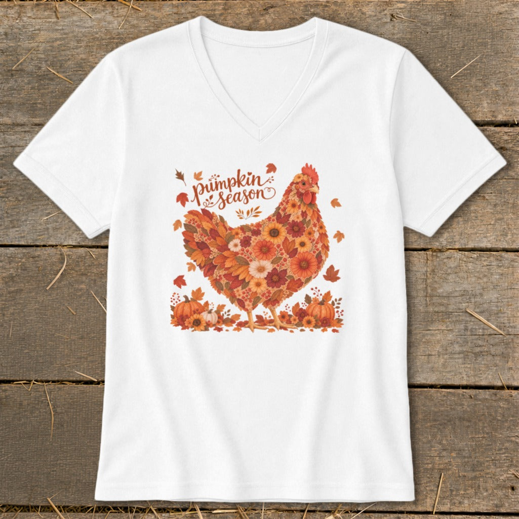 White t-shirt with a chicken made of flowers and text "Pumpkin Season."