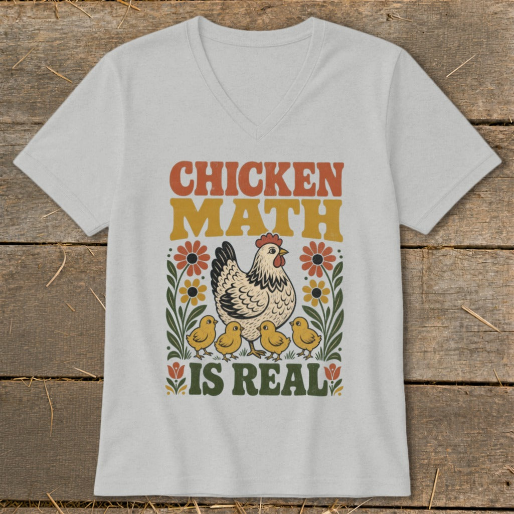 Light gray t-shirt with "CHICKEN MATH IS REAL" text, a hen, and chicks.